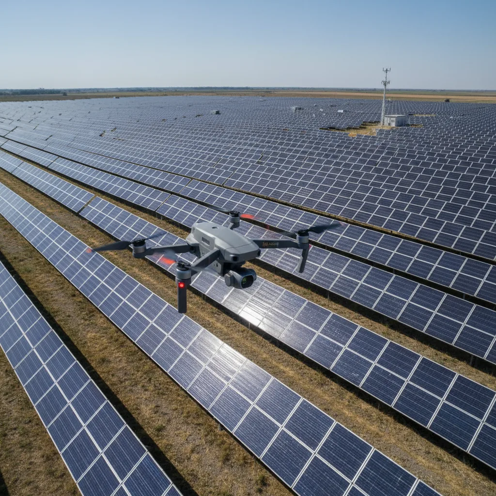 Drone DJI Mavic 3 Enterprise inspecionando uma usina solar.